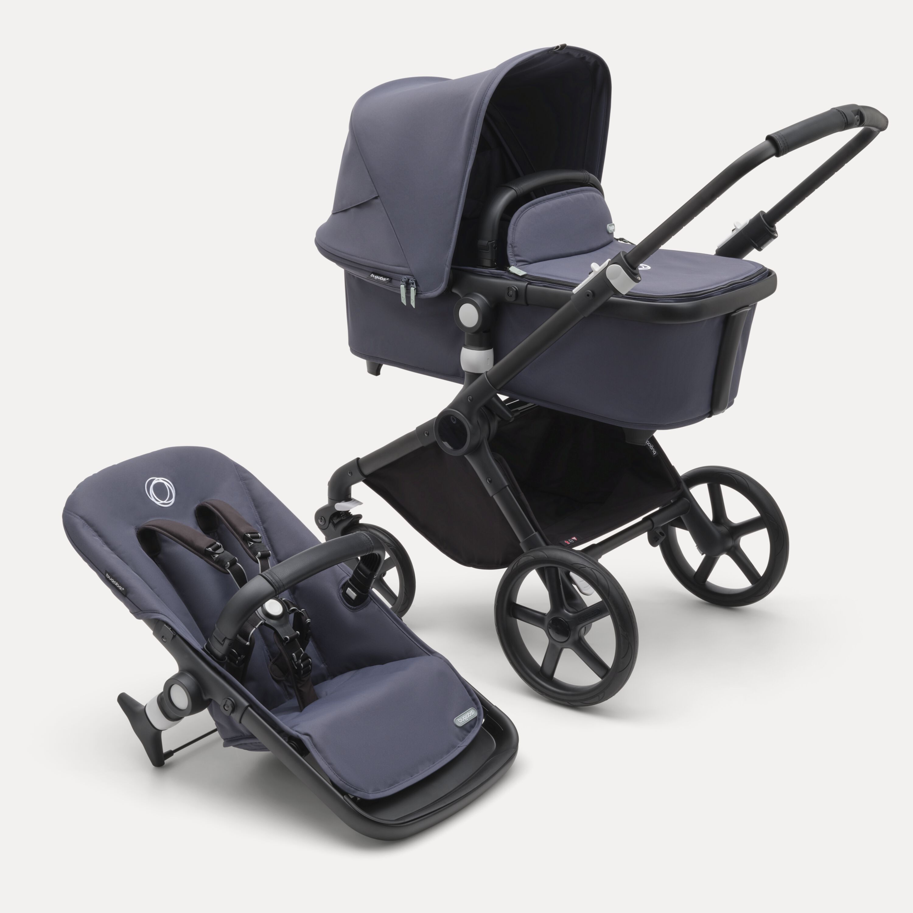 Bugaboo Fox Cub 2-in-1 stroller black base, stormy blue fabrics, stormy blue sun canopy - Main Modal Image Slide 1 of 12