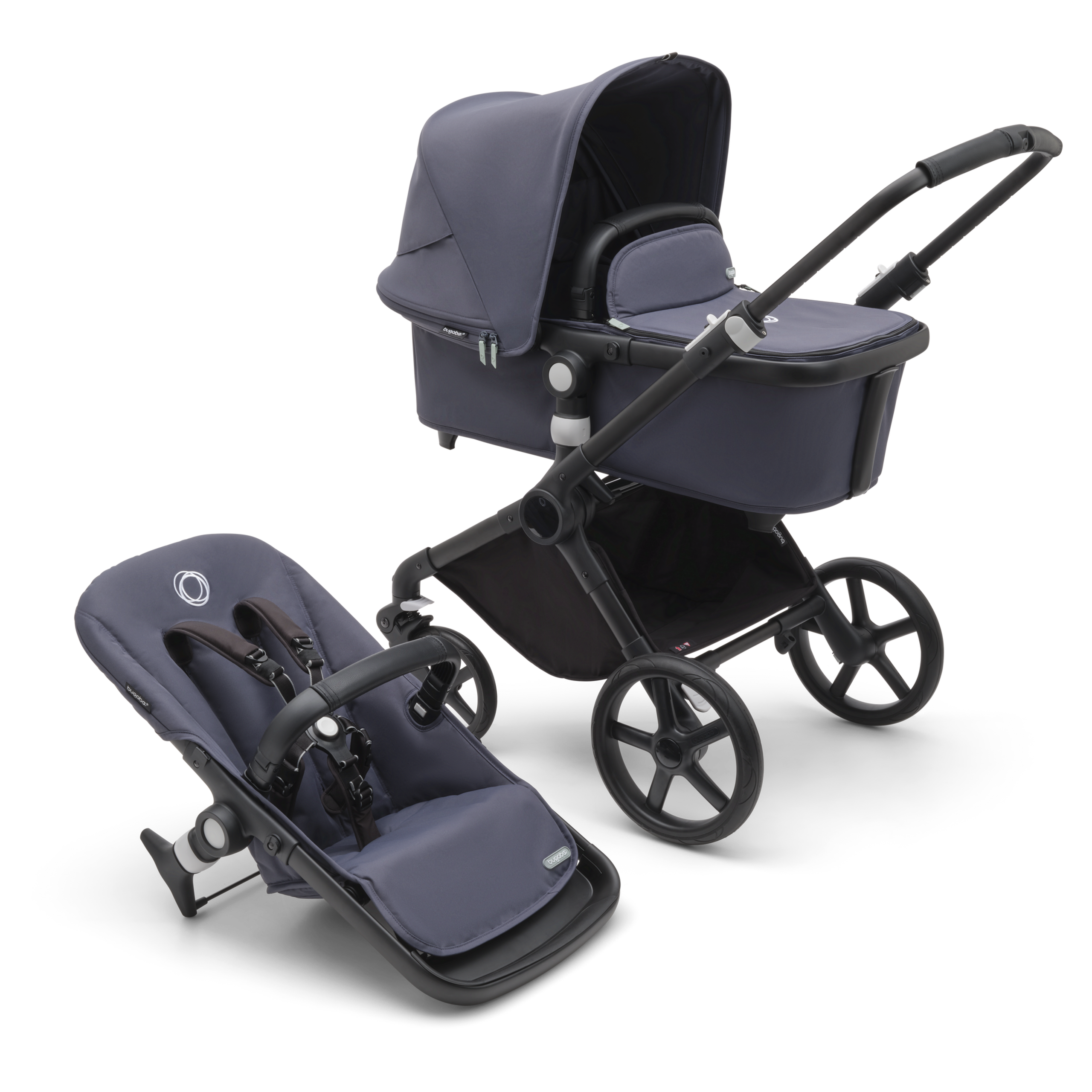 Bugaboo Fox Cub 2-in-1 stroller black base, stormy blue fabrics, stormy blue sun canopy - Thumbnail Slide 1 of 12