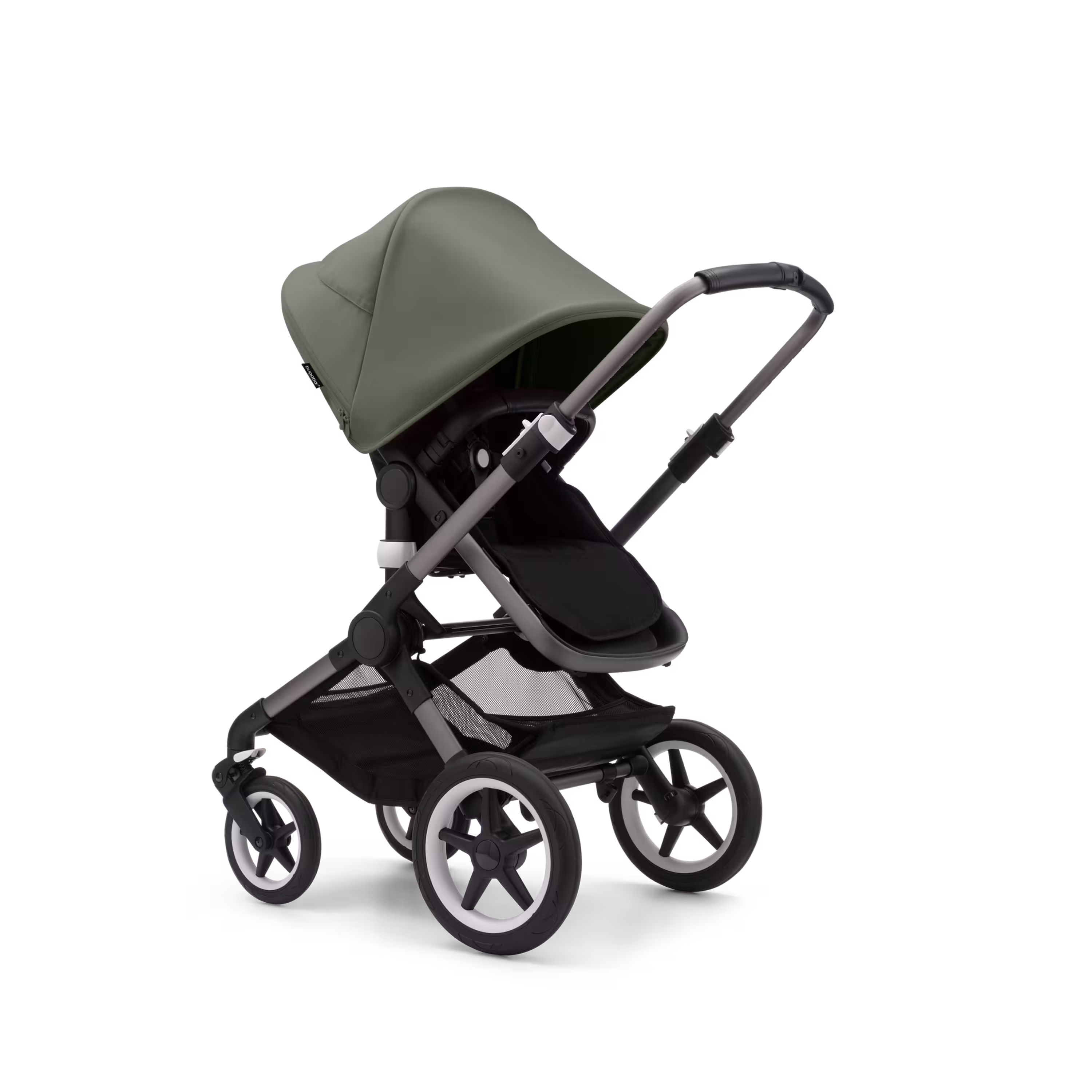 Bugaboo Fox 3 seat stroller with graphite frame, black fabrics, and forest green sun canopy. - Main Modal Image Slide 7 of 7