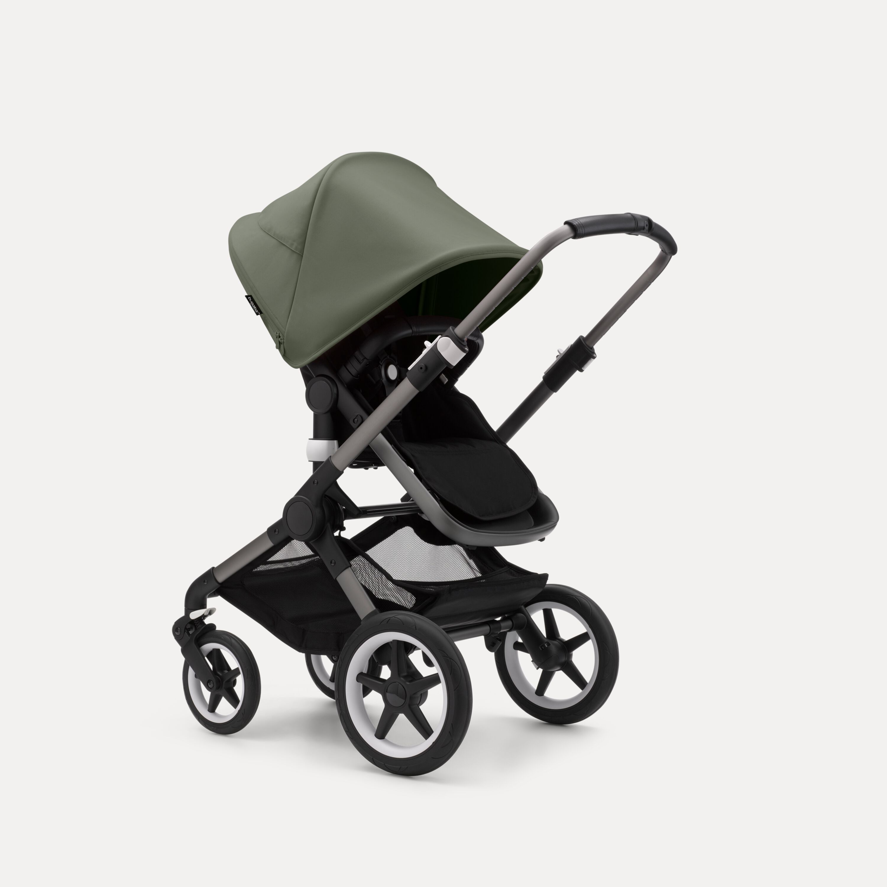 Bugaboo Fox 3 seat stroller with graphite frame, black fabrics, and forest green sun canopy. - Main Modal Image Slide 7 of 7