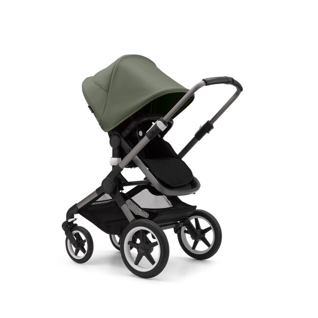 Bugaboo Fox 3 seat stroller with graphite frame, black fabrics, and forest green sun canopy. - Main Image Slide 7 of 7
