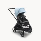 Bugaboo Dragonfly seat stroller with black chassis, grey melange fabrics and skyline blue sun canopy.
