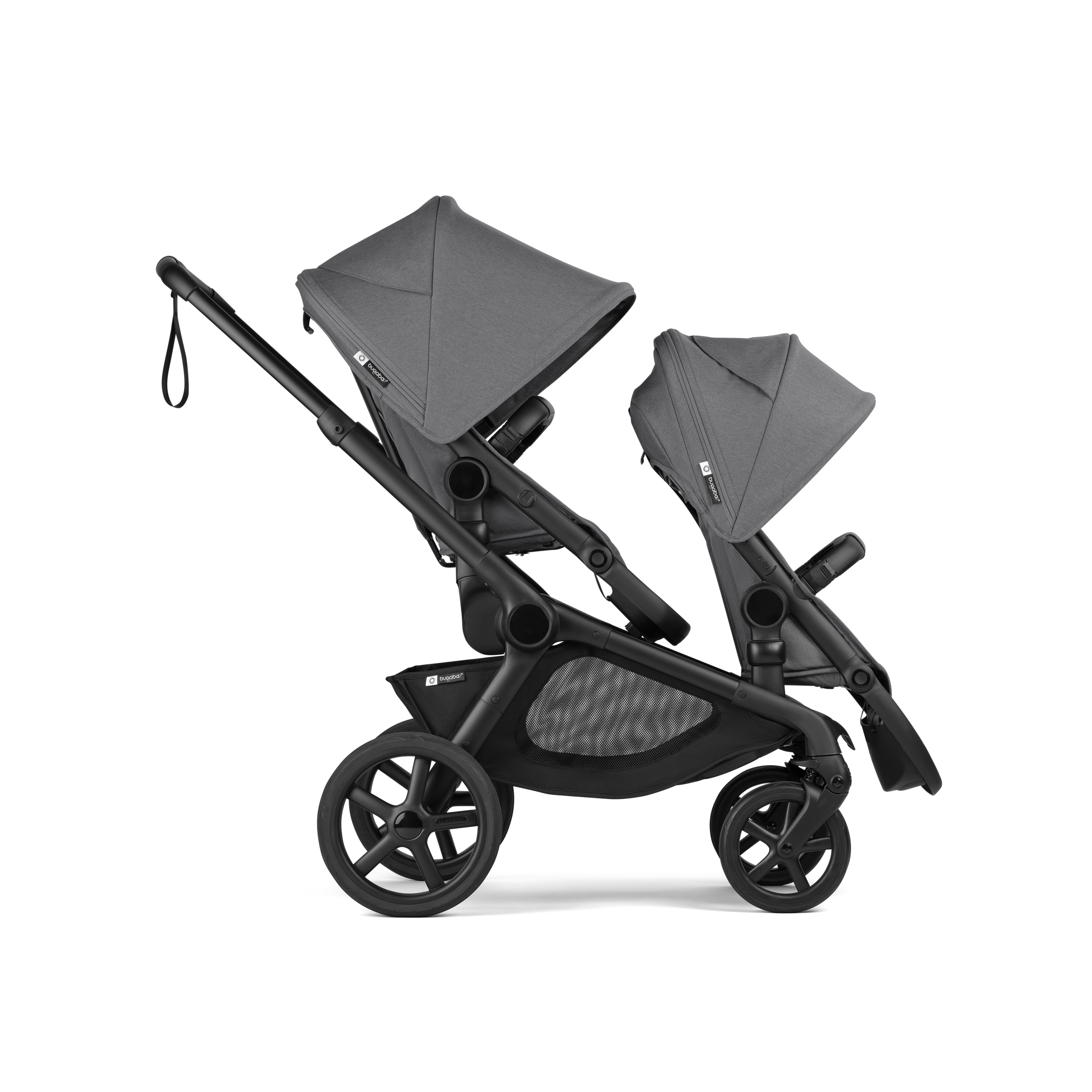 Bugaboo Kangaroo seat-only tandem black base, moon grey fabrics, moon grey sun canopy - Thumbnail Slide 2 of 12