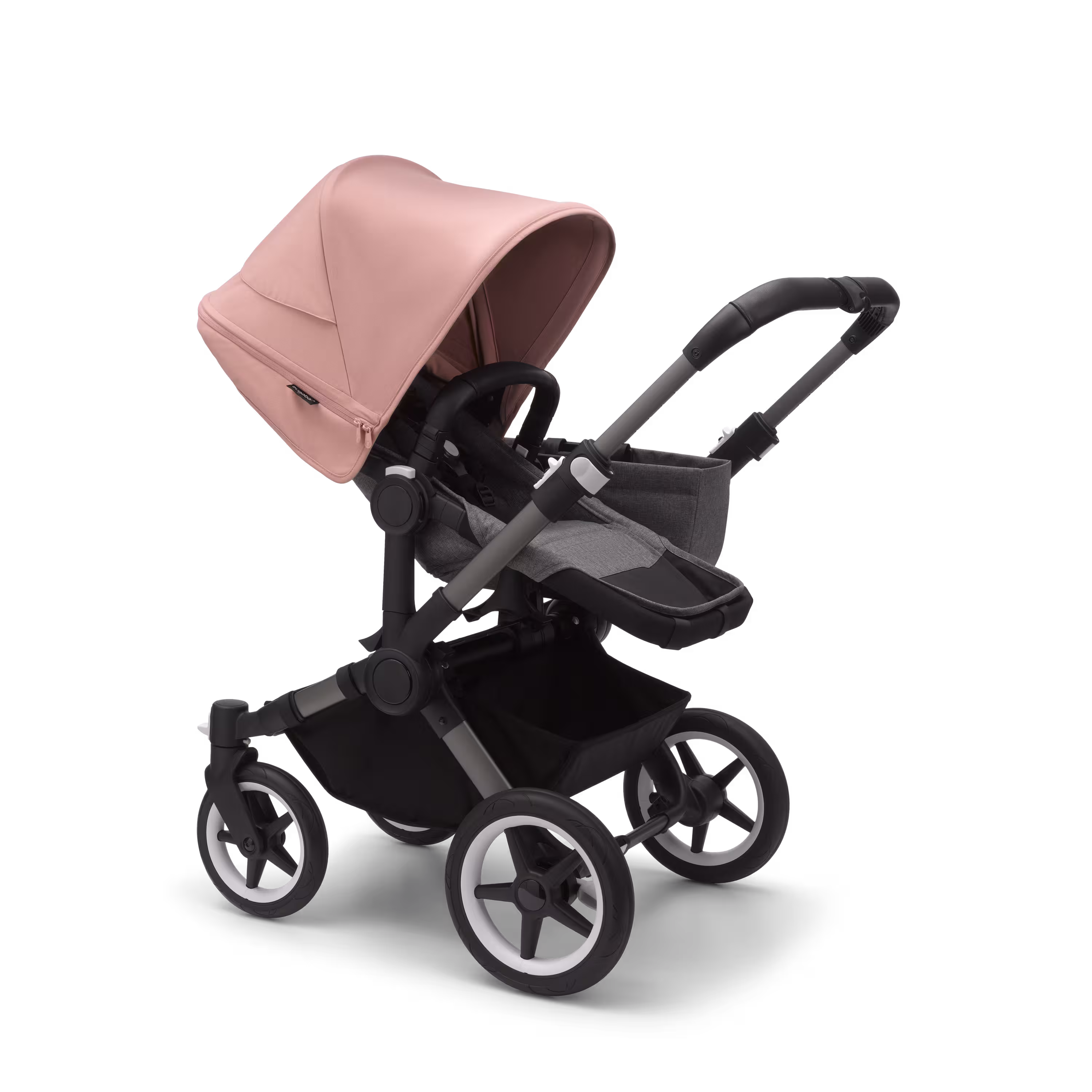 Refurbished Bugaboo Donkey 5 Mono bassinet and seat stroller graphite base, grey mélange fabrics, morning pink sun canopy - Main Modal Image Slide 2 of 8