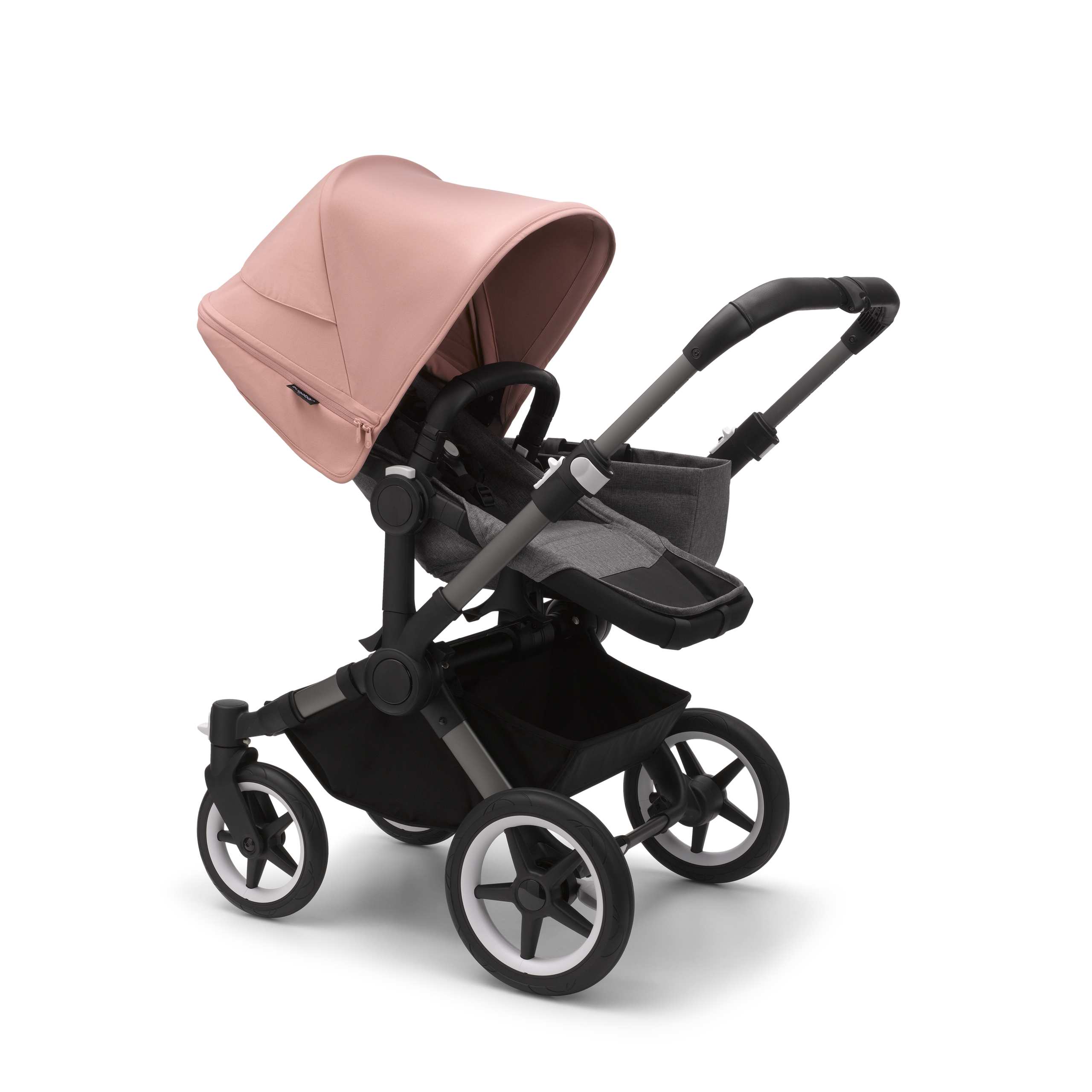 Refurbished Bugaboo Donkey 5 Mono bassinet and seat stroller graphite base, grey mélange fabrics, morning pink sun canopy - Thumbnail Slide 2 of 8