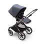 Bugaboo Fox 3 seat stroller with graphite frame, stormy blue fabrics, and stormy blue sun canopy.