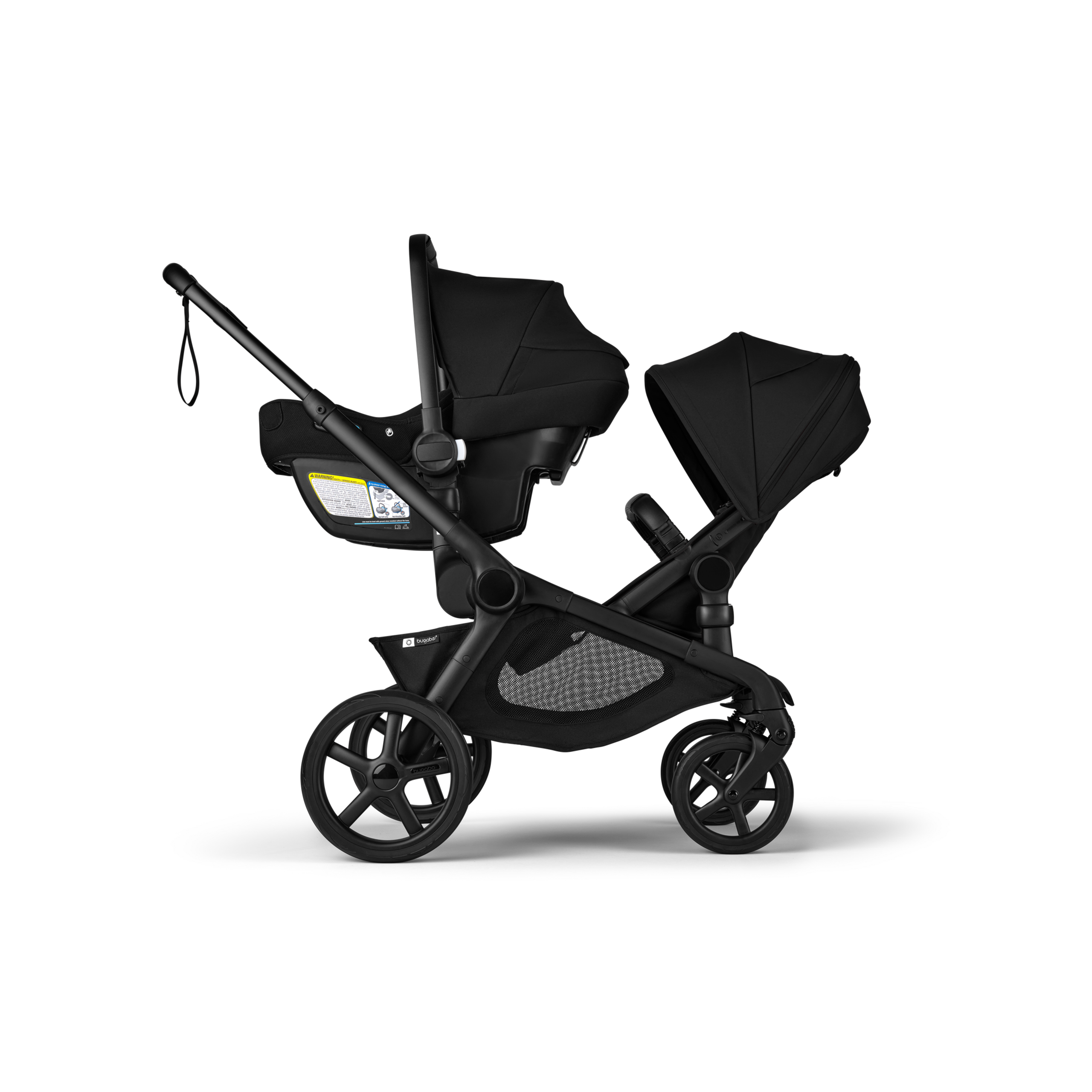 Bugaboo Kangaroo 2-in-1 tandem stroller with one car seat above and one bassinet below, with Midnight Black fabrics and Midnight Black sun canopies. - Thumbnail Slide 16 of 18