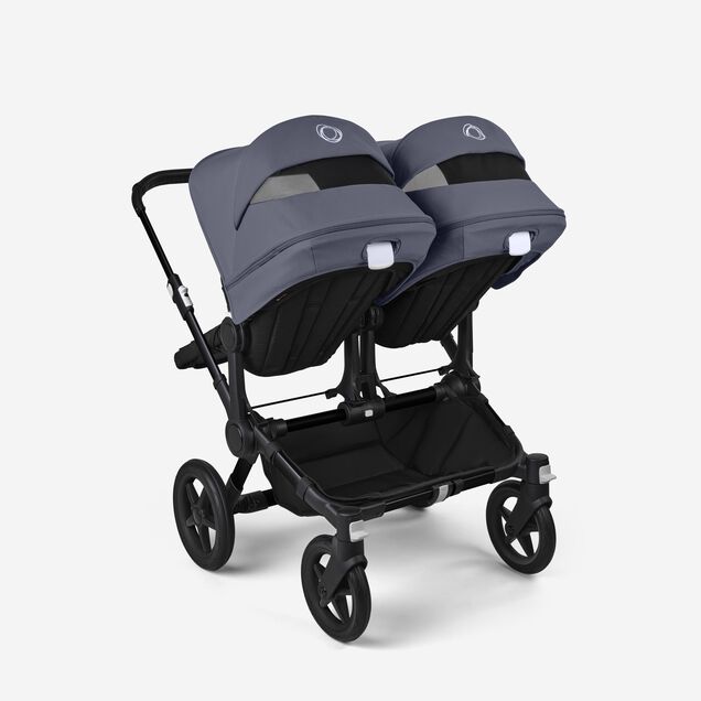 Bugaboo Donkey 5 twin stroller black base, midnight black fabrics, stormy blue sun canopy - Main Image Slide 4 of 12