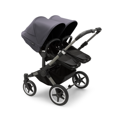 Bugaboo Donkey 5 Twin bassinet and seat stroller graphite base, midnight black fabrics, stormy blue sun canopy