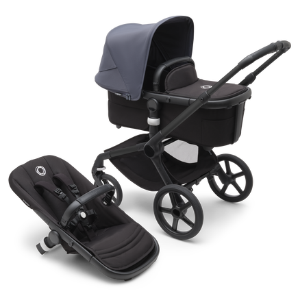 Bugaboo Fox 5 bassinet and seat pram with black chassis, midnight black fabrics and stormy blue sun canopy.