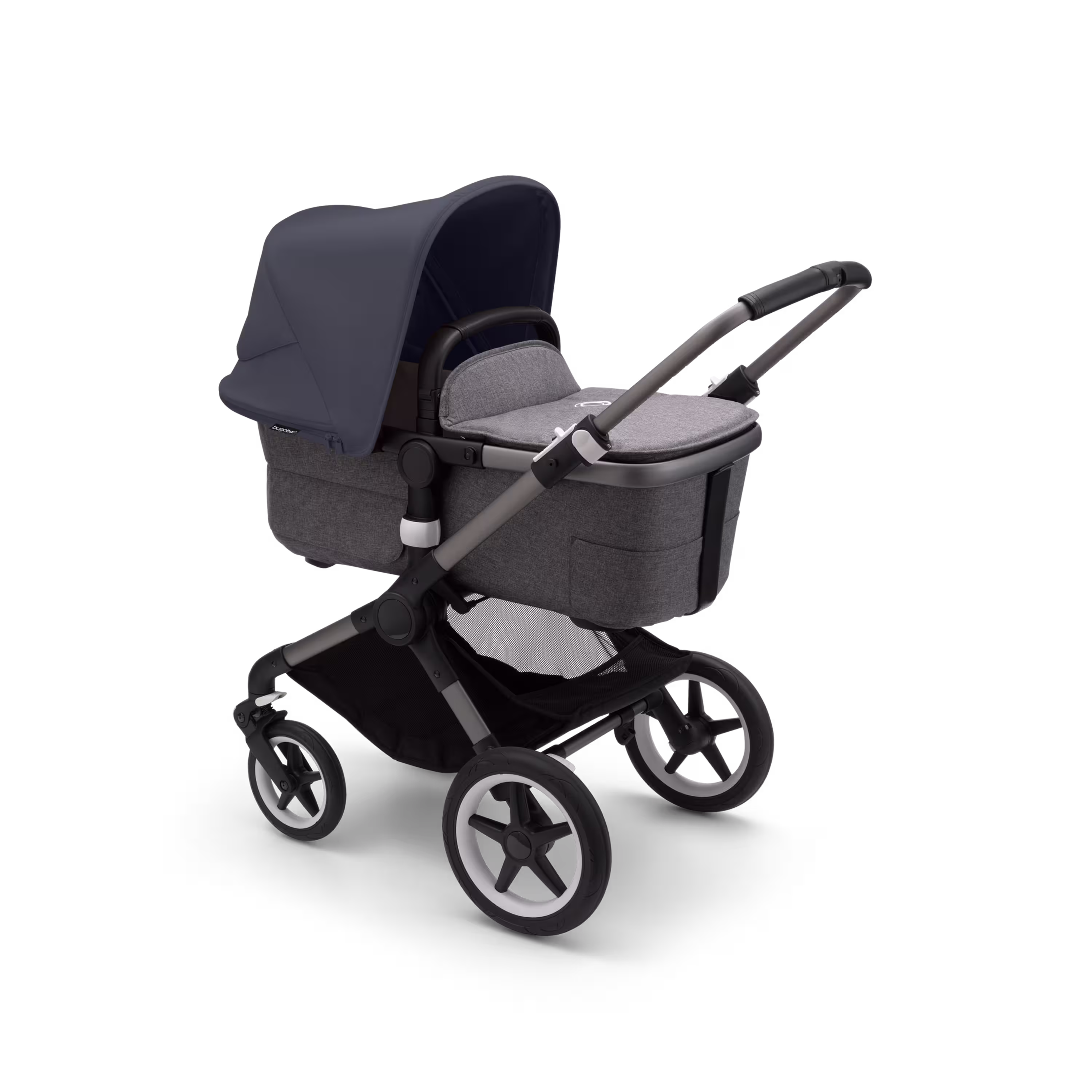 Bugaboo Fox 3 bassinet stroller with graphite frame, grey fabrics, and stormy blue sun canopy. - Main Modal Image Slide 2 of 7