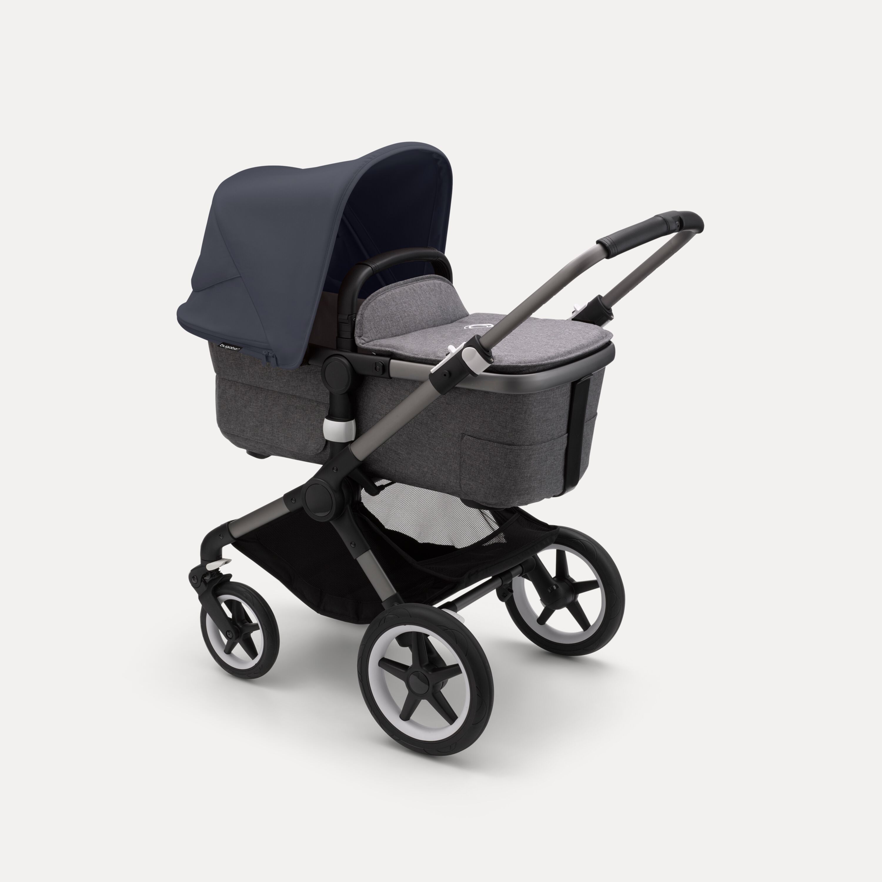 Bugaboo Fox 3 bassinet stroller with graphite frame, grey fabrics, and stormy blue sun canopy. - Main Modal Image Slide 2 of 7