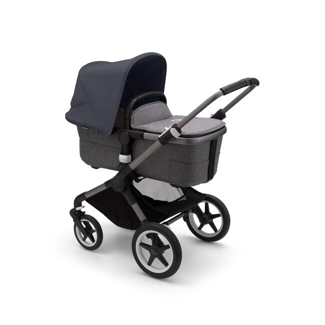 Bugaboo Fox 3 bassinet stroller with graphite frame, grey fabrics, and stormy blue sun canopy. - Main Image Slide 2 of 7