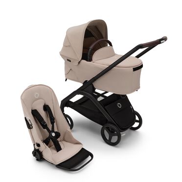 Refurbished Bugaboo Dragonfly 2-in-1 pushchair black base, desert taupe fabrics, desert taupe sun canopy