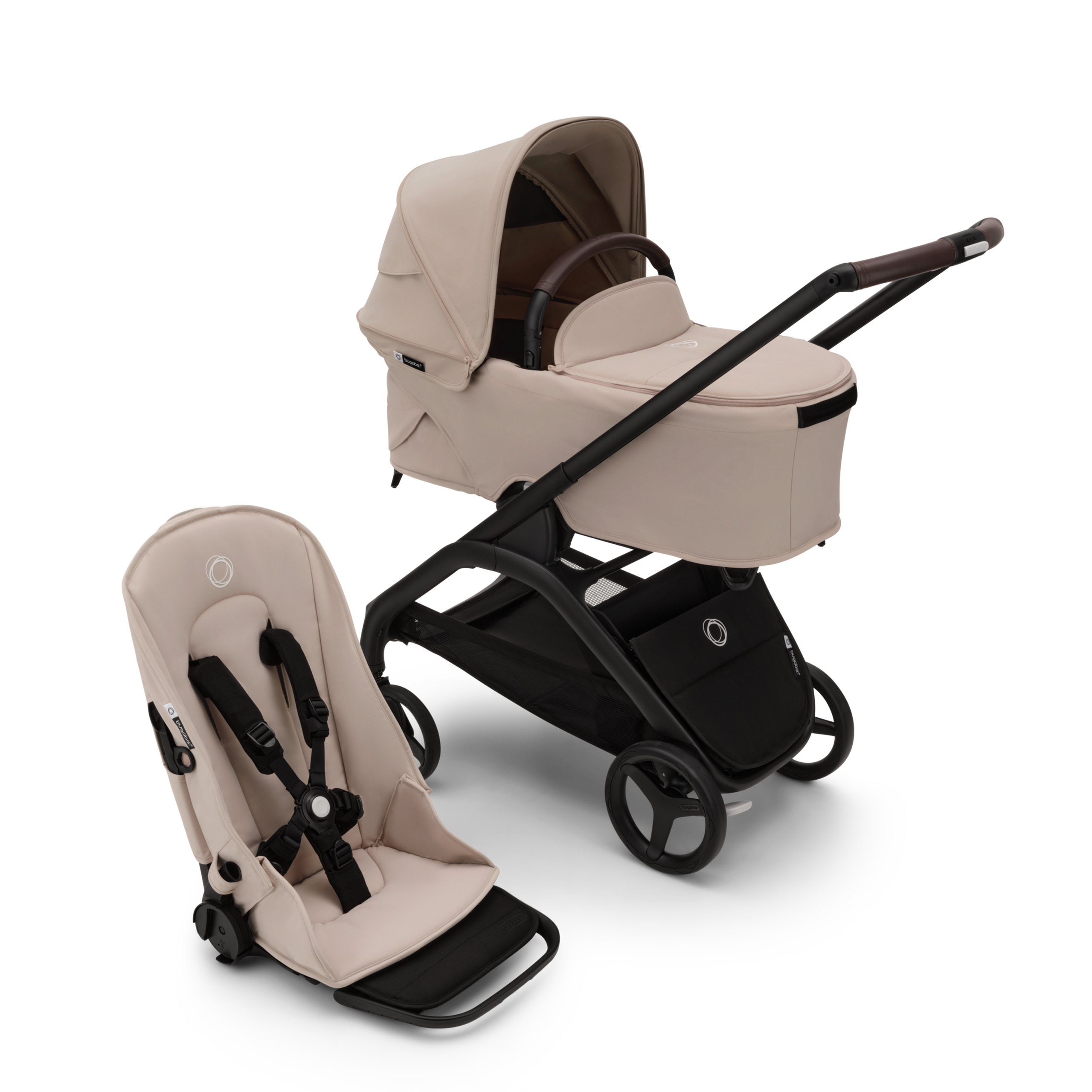 Refurbished Bugaboo Dragonfly 2-in-1 pushchair black base, desert taupe fabrics, desert taupe sun canopy - Thumbnail Slide 1 of 10