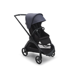 Bugaboo Dragonfly seat stroller with black chassis, midnight black fabrics and stormy blue sun canopy.