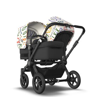 Bugaboo Donkey 5 Duo double stroller black base, midnight black fabrics, art of discovery white sun canopy
