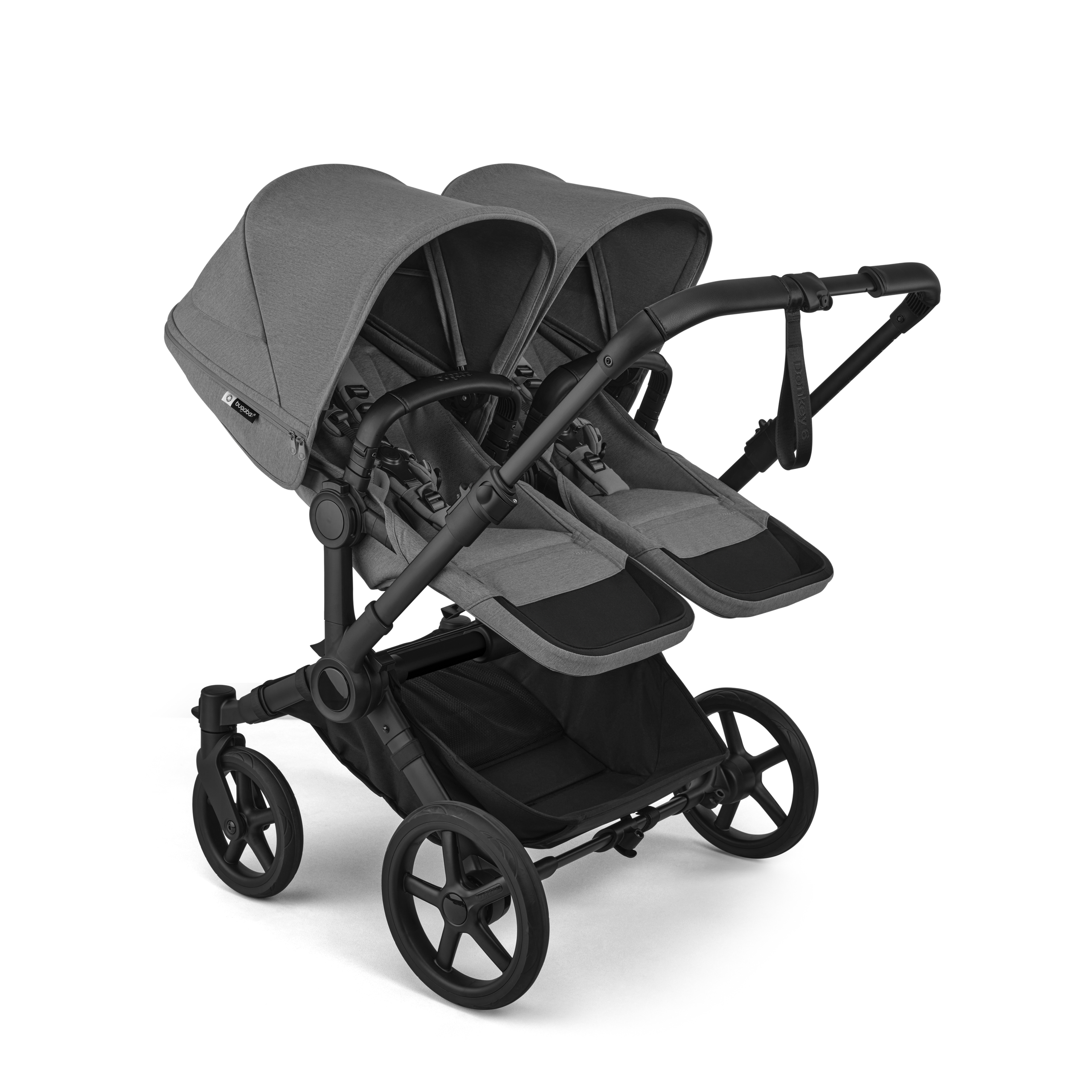 Bugaboo Donkey 6 twin stroller black base, moon grey fabrics, moon grey sun canopy view 2 - Thumbnail Slide 2 of 9