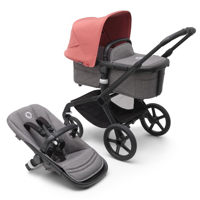 Bugaboo Fox 5 bassinet and seat stroller with black chassis, grey melange fabrics and sunrise red sun canopy.