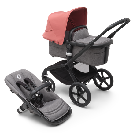Bugaboo Fox 5 bassinet and seat stroller with black chassis, grey melange fabrics and sunrise red sun canopy.