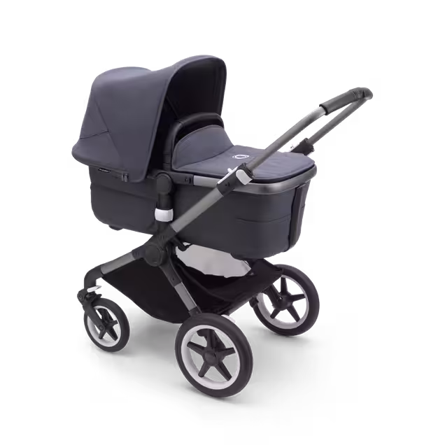 Bugaboo Fox 3 bassinet stroller with graphite frame, stormy blue fabrics, and stormy blue sun canopy. - Main Image Slide 2 of 9