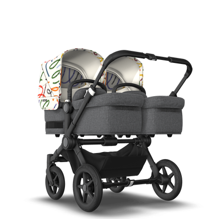 Bugaboo Donkey 5 Twin bassinet and seat stroller black base, grey mélange fabrics, art of discovery white sun canopy