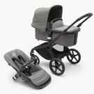 Poussette siège et nacelle Bugaboo Fox 5 avec châssis noir, habillages gris chiné et capote vert forêt.