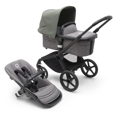 Bugaboo Fox 5 bassinet and seat stroller with black chassis, grey melange fabrics and forest green sun canopy.
