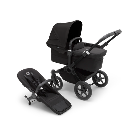Bugaboo Donkey 5 Mono bassinet stroller with black chassis, midnight black fabrics and midnight black sun canopy, plus seat. - view 1