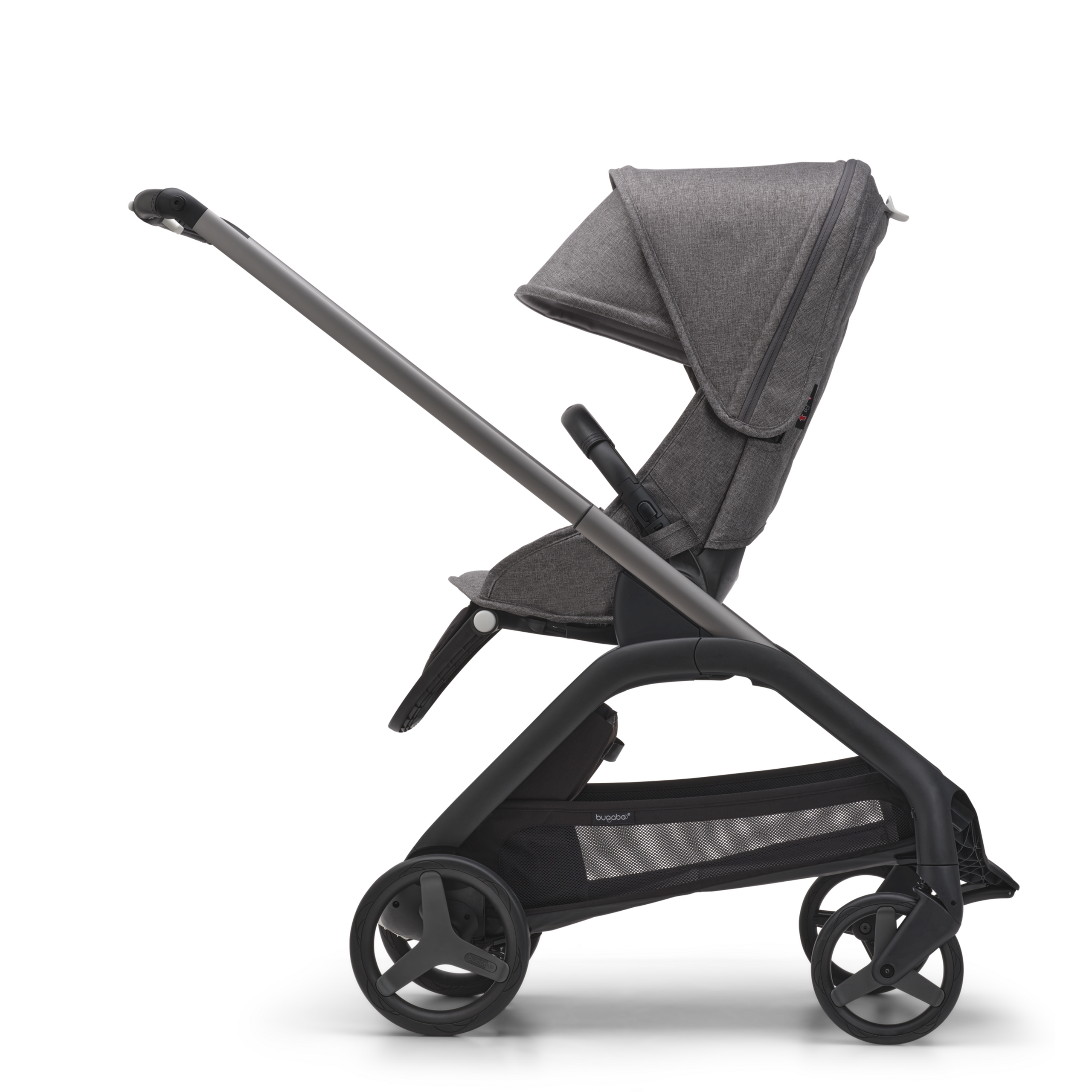 Side view of the Bugaboo Dragonfly seat stroller with graphite chassis, grey melange fabrics and grey melange sun canopy. - Thumbnail Slide 2 of 15