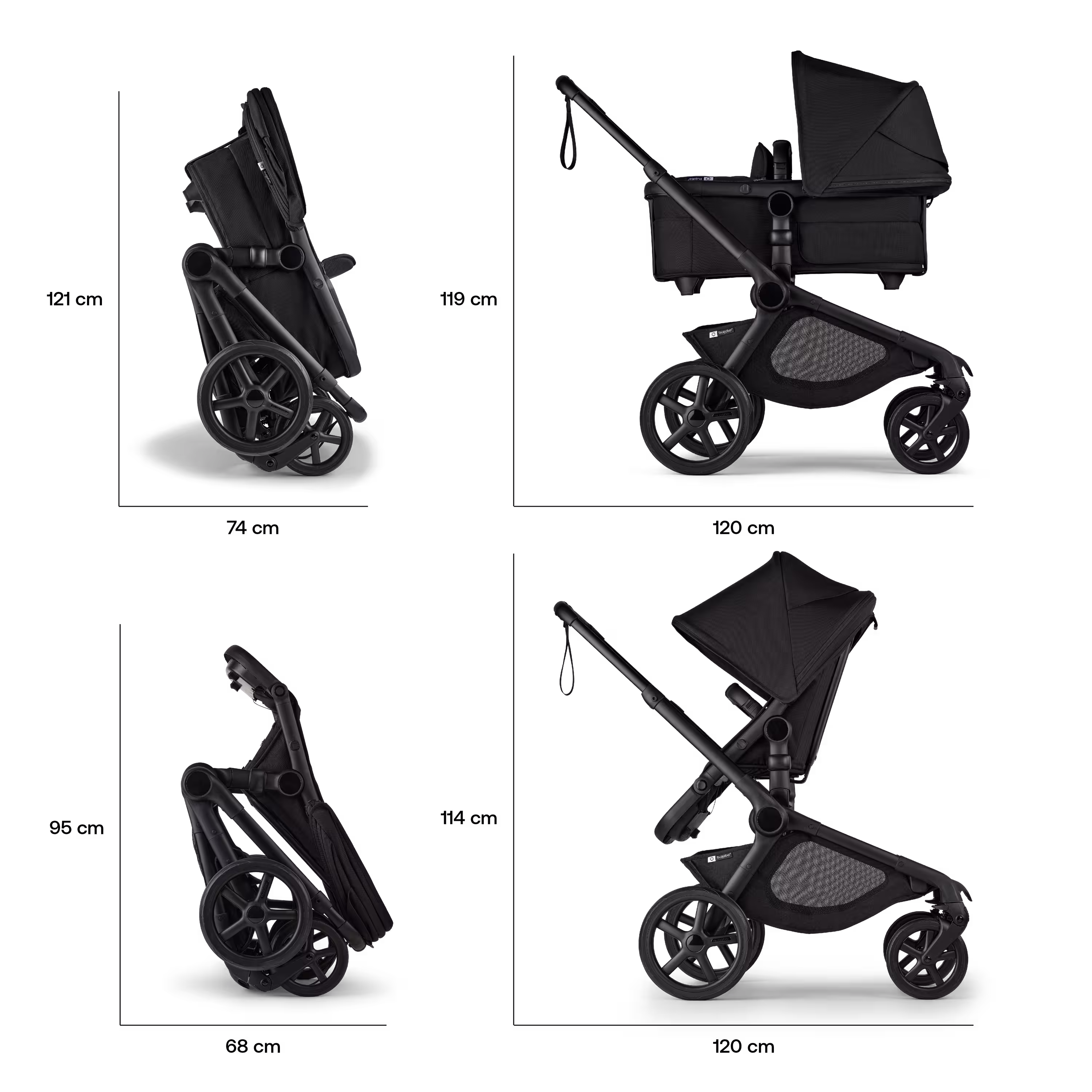 Folded dimensions of the Bugaboo Kangaroo stroller: With the bassinet: 121 x 74 cm. With the seat: 95 x 68 cm. In-use dimensions of the Bugaboo Kangaroo stroller: With the bassinet: 119 x 120 cm. With the seat: 114 x 120 cm. - Main Modal Image Slide 13 of 18