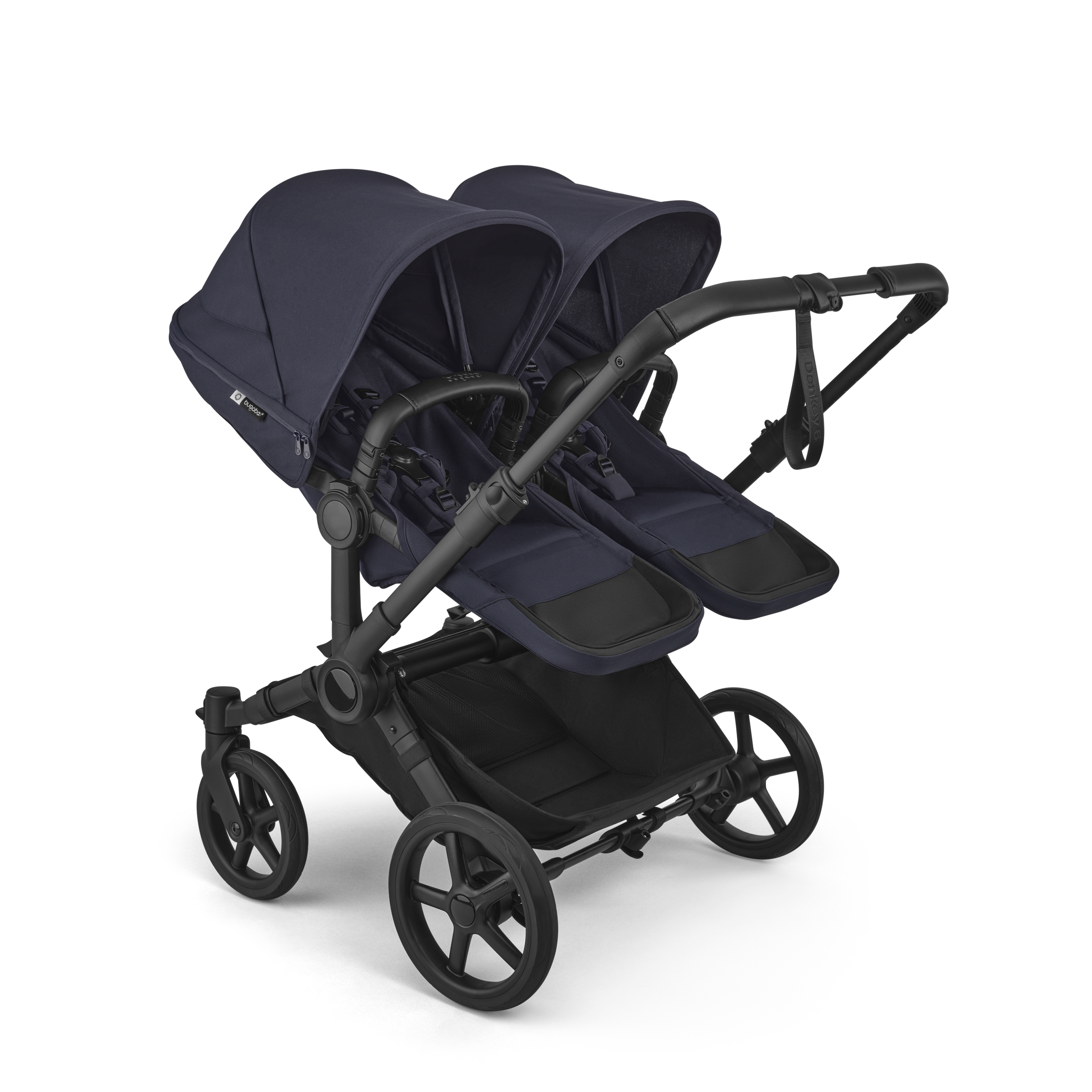 Bugaboo Donkey 6 twin stroller black base, deep indigo fabrics, deep indigo sun canopy view 2 - Thumbnail Slide 2 of 9