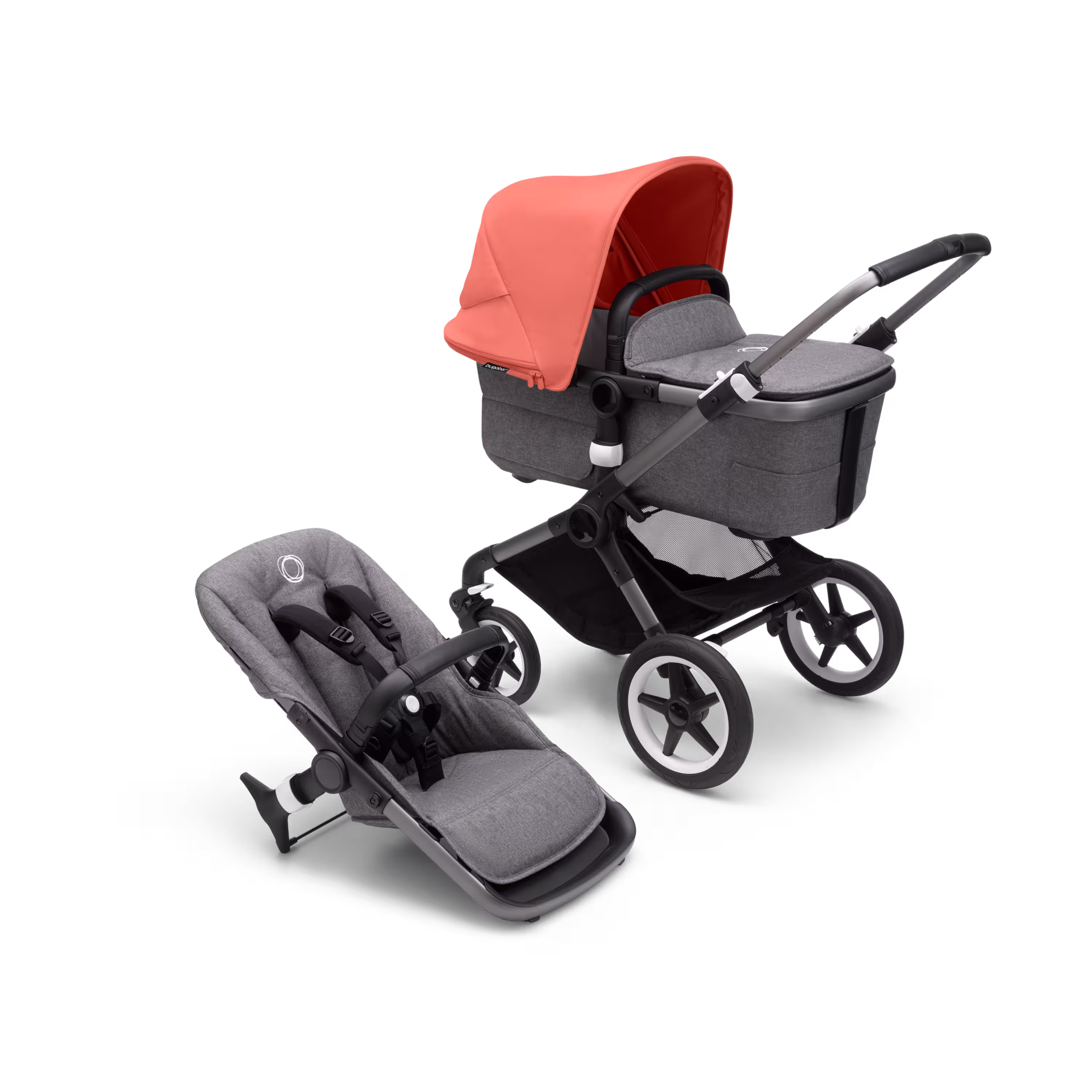 Bugaboo Fox 3 bassinet and seat stroller with graphite frame, grey fabrics, and red sun canopy. - Main Modal Image Slide 1 of 7