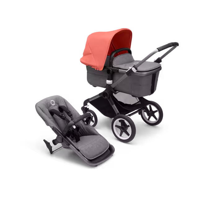 Bugaboo Fox 3 bassinet and seat stroller with graphite frame, grey fabrics, and red sun canopy. - Main Image Slide 1 of 7