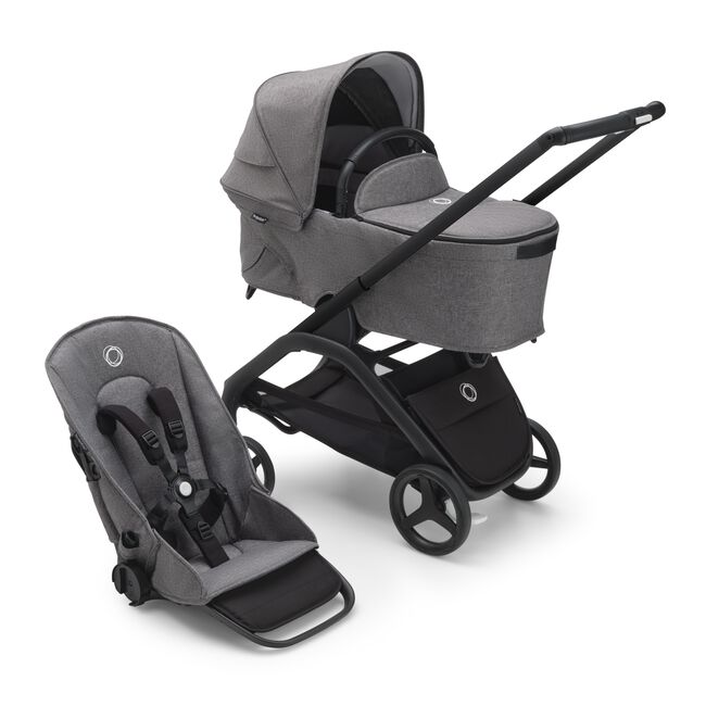 Bugaboo Dragonfly bassinet and seat stroller with black chassis, grey melange fabrics and grey melange sun canopy. - Main Image Slide 1 of 18