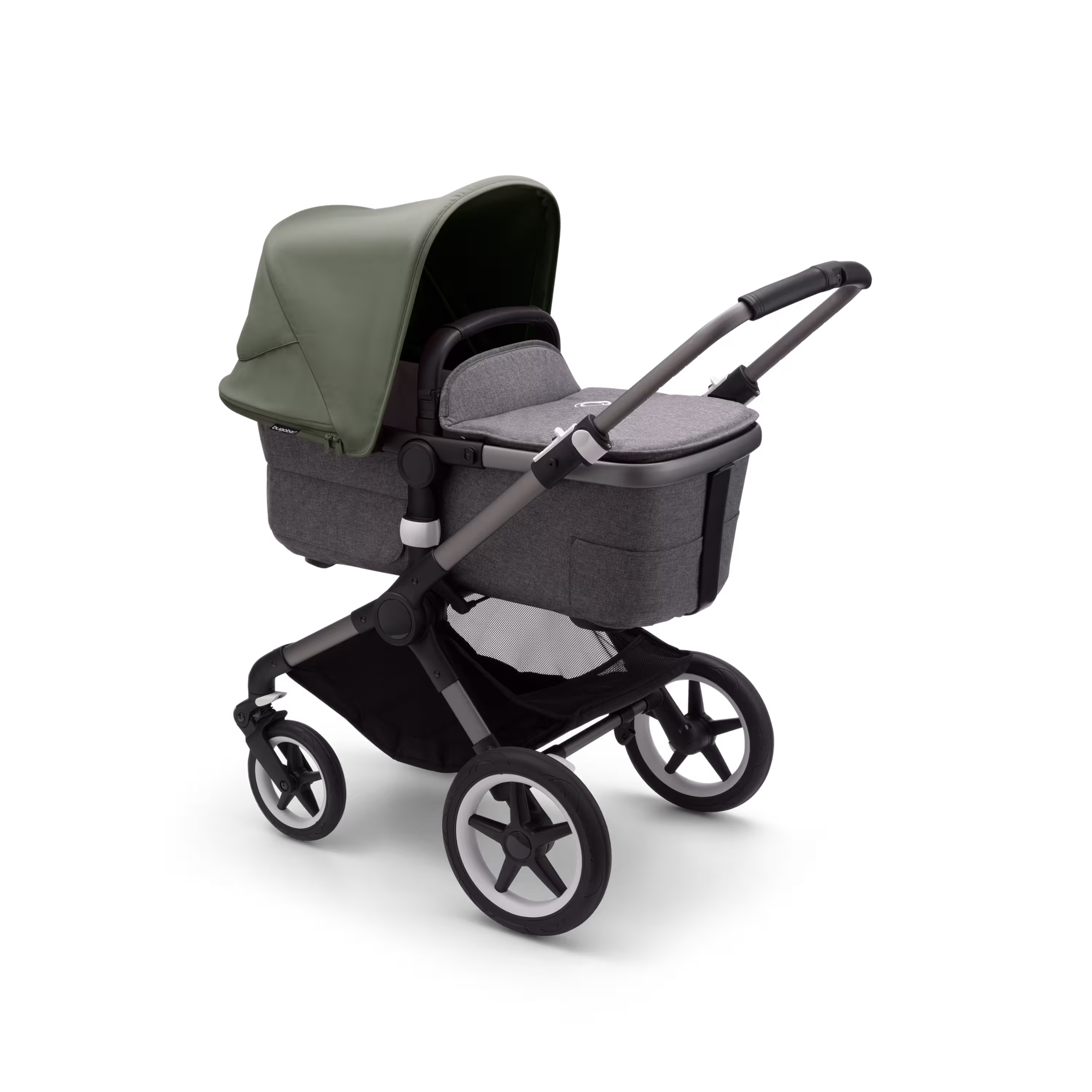 Bugaboo Fox 3 bassinet stroller with graphite frame, grey melange fabrics, and forest green sun canopy. - Main Modal Image Slide 2 of 7