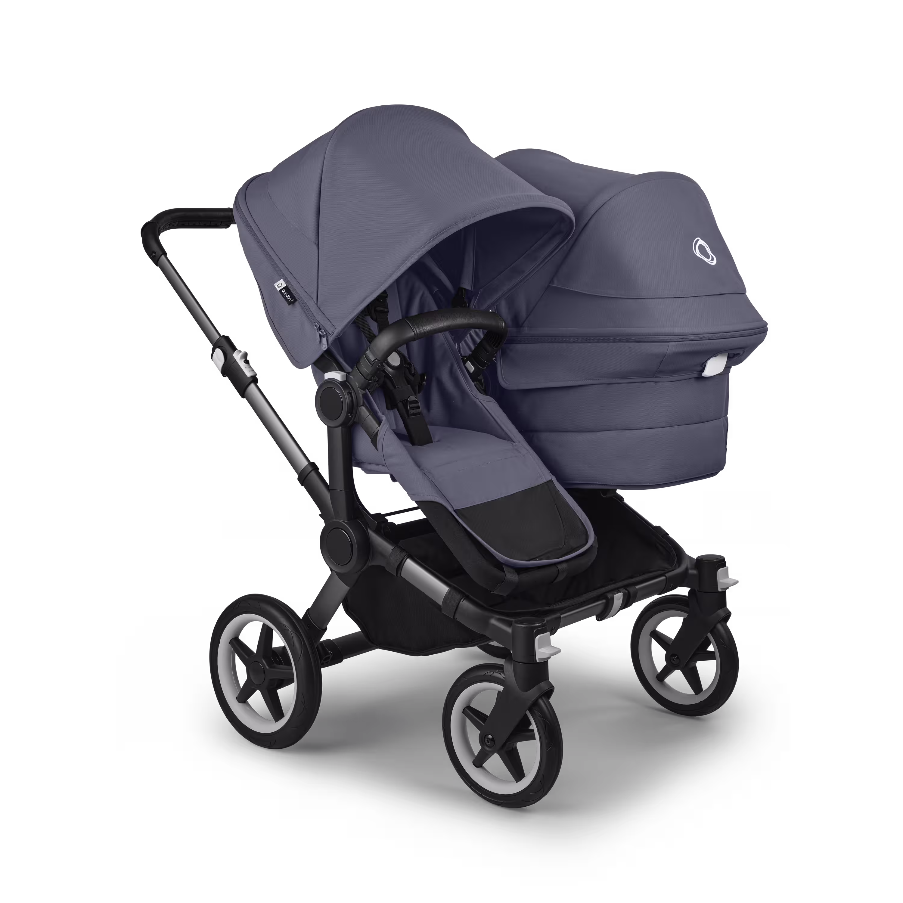 Bugaboo Donkey 5 Duo double stroller graphite base, stormy blue fabrics, stormy blue sun canopy - Main Modal Image Slide 1 of 11