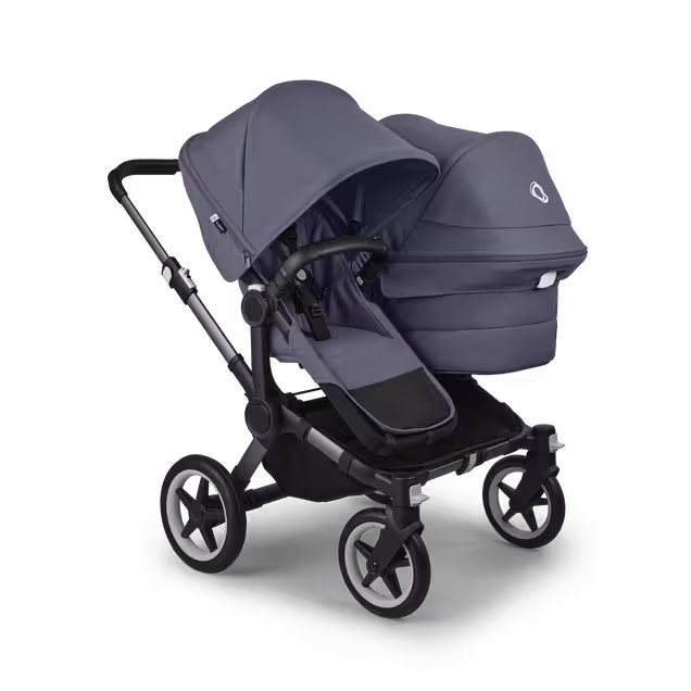 Bugaboo Donkey 5 Duo double stroller graphite base, stormy blue fabrics, stormy blue sun canopy - Main Image Slide 1 of 11