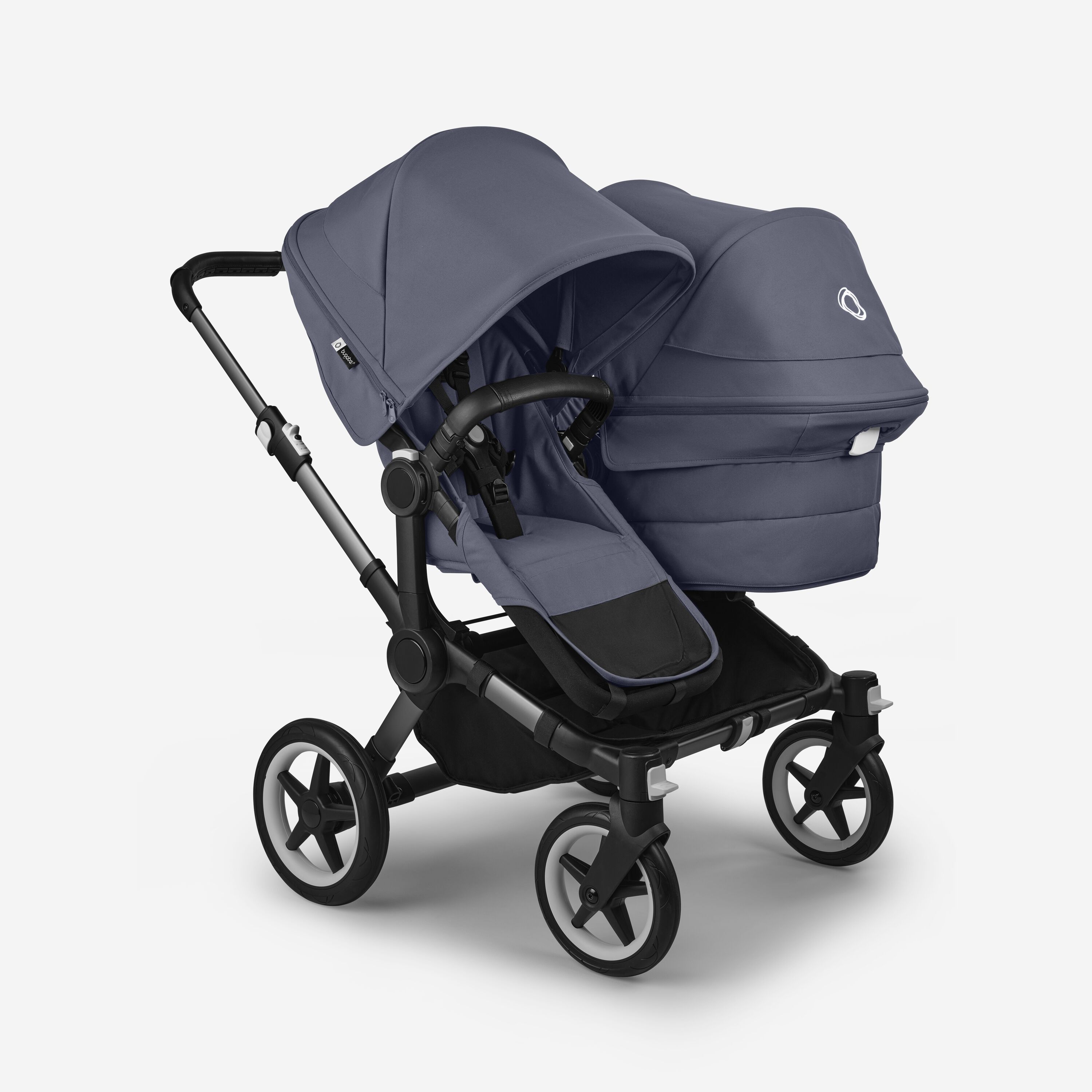 Bugaboo Donkey 5 Duo double stroller graphite base, stormy blue fabrics, stormy blue sun canopy - Main Modal Image Slide 1 of 11