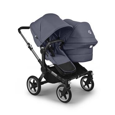 Bugaboo Donkey 5 Duo double stroller graphite base, stormy blue fabrics, stormy blue sun canopy