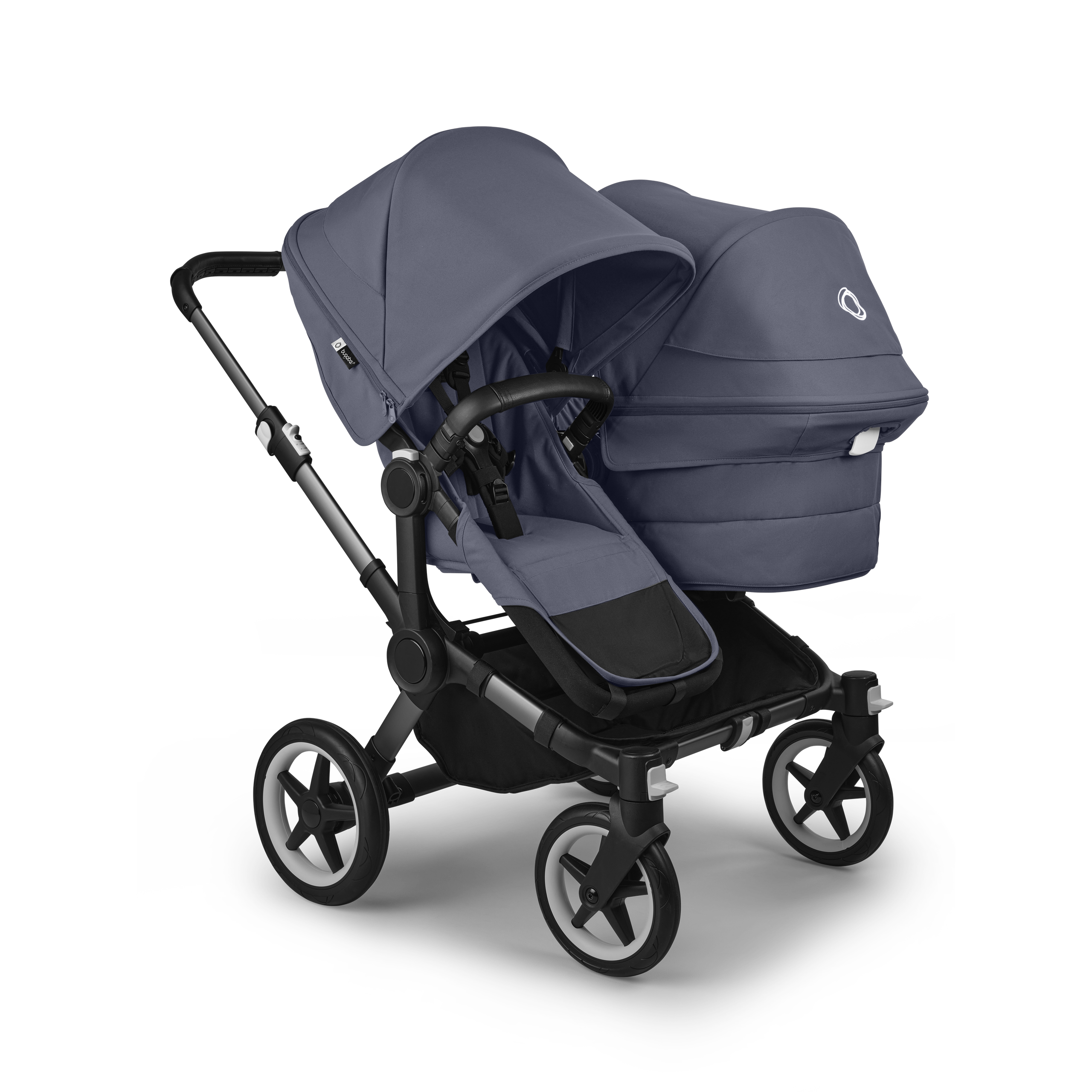 Bugaboo Donkey 5 Duo double stroller graphite base, stormy blue fabrics, stormy blue sun canopy - Thumbnail Slide 1 of 11