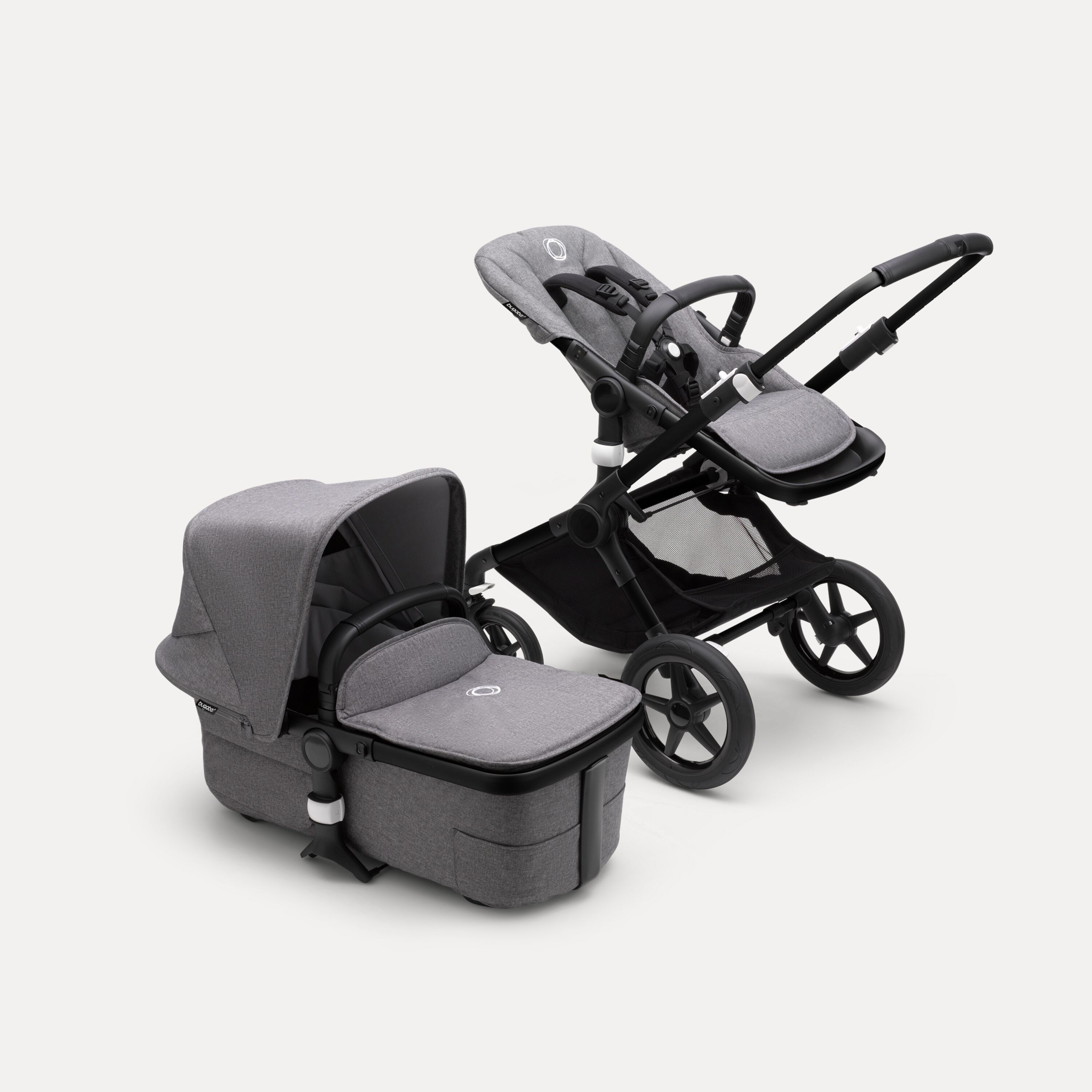 Bugaboo Fox 3 bassinet and seat stroller with black frame, grey melange fabrics, and grey melange sun canopy. - Main Modal Image Slide 6 of 7