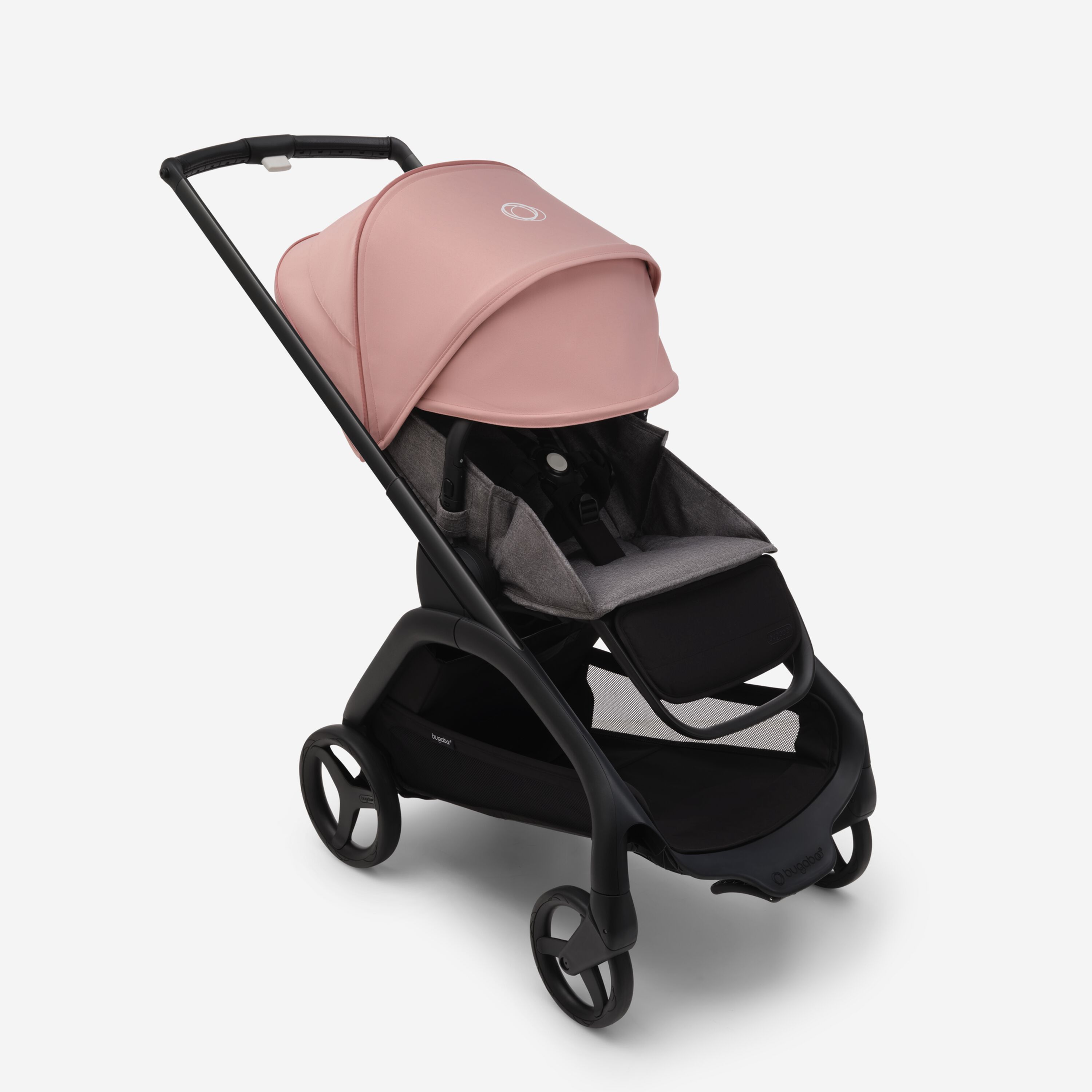 Bugaboo Dragonfly seat stroller with black chassis, grey melange fabrics and morning pink sun canopy. The sun canopy is fully extended. - Main Modal Image Slide 3 of 16