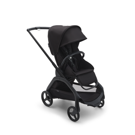 Bugaboo Dragonfly seat pushchair with black chassis, midnight black fabrics and midnight black sun canopy.