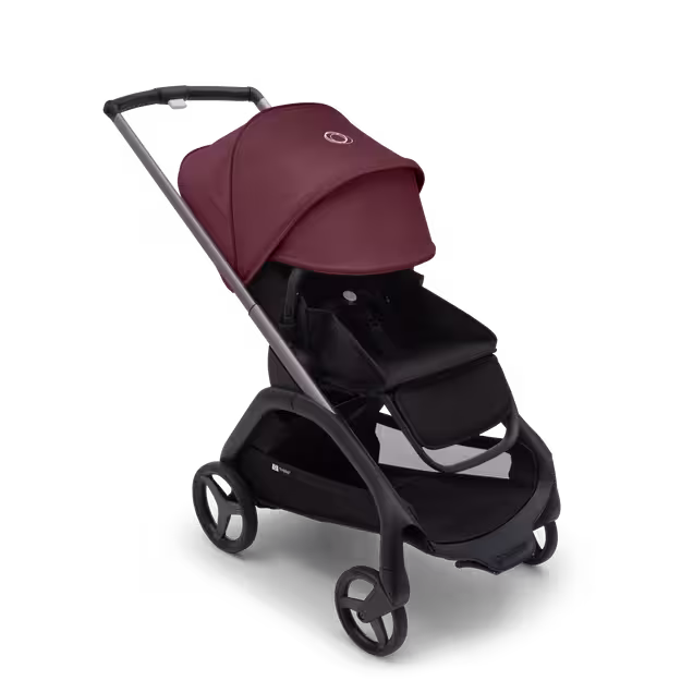 ブラックのシャーシ、グレーメランジのファブリック、グレーメランジのサンキャノピーを装着したバガブー ドラゴンフライ シートストローラー。 最大限に伸長させたサンキャノピー。 - Main Image Slide 3 of 16