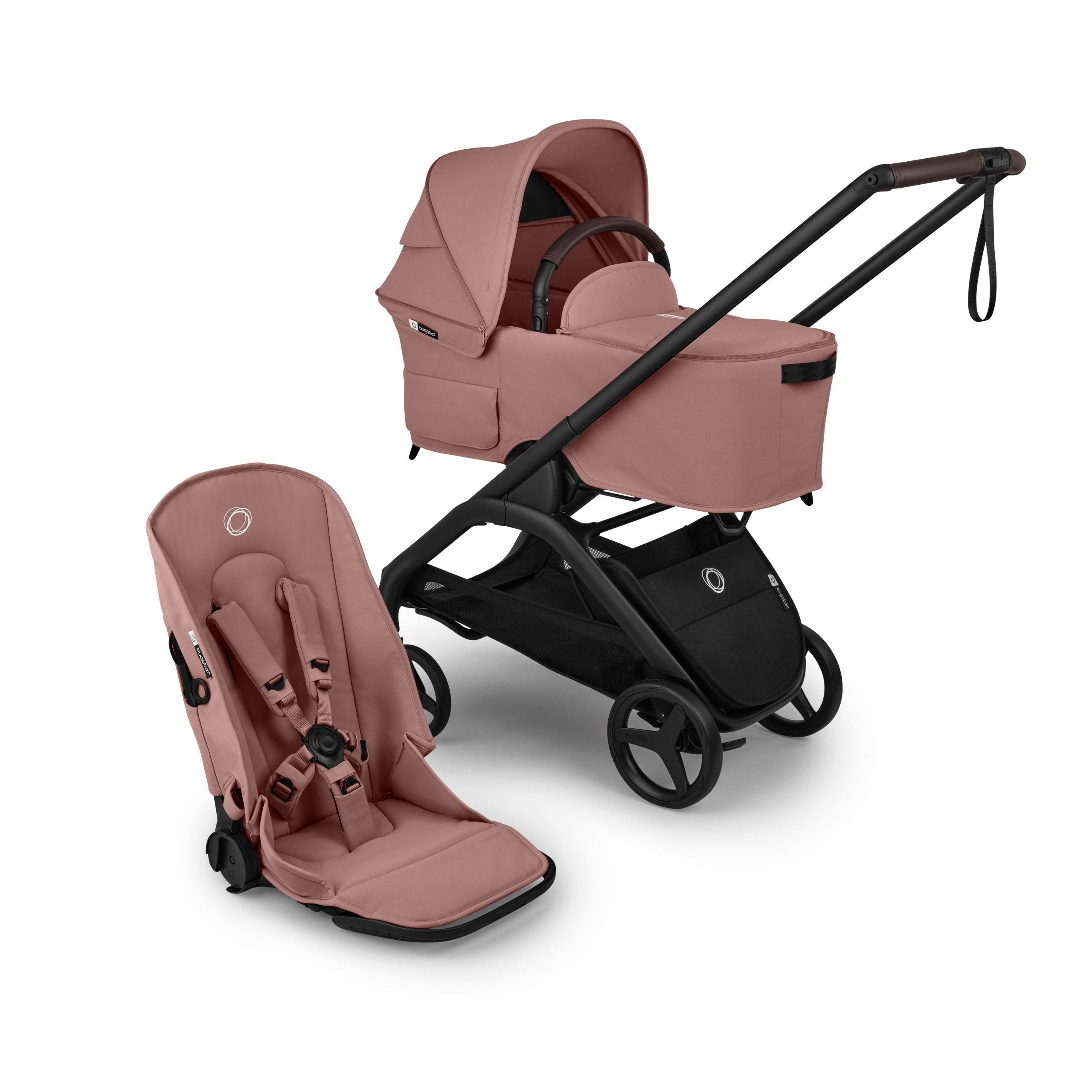 Bugaboo Dragonfly Plus 2-in-1 pushchair black base, dusty pink fabrics, dusty pink sun canopy  - Thumbnail Slide 1 of 11