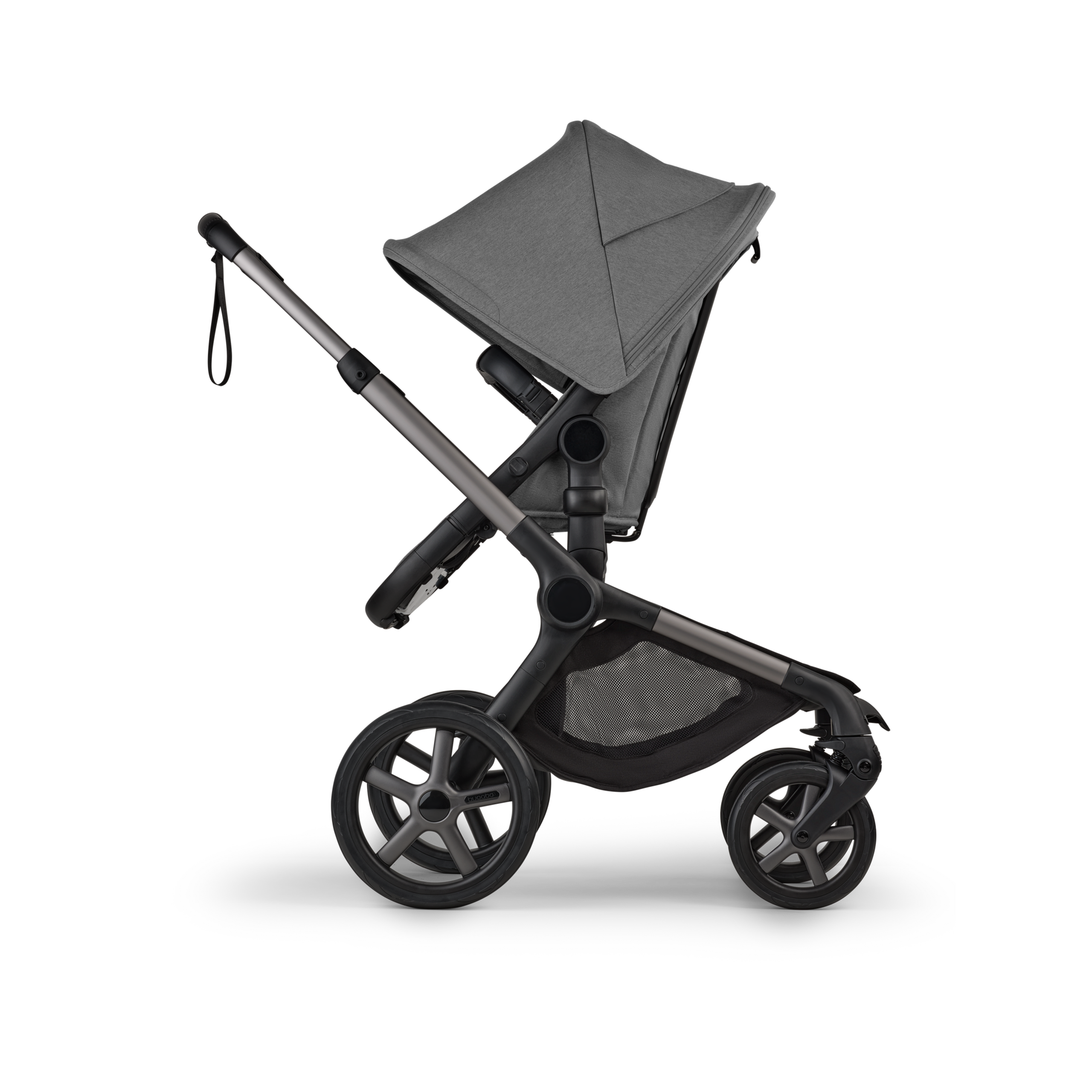 Bugaboo Fox 5 Renew seat stroller, with graphite chassis, Moon Grey fabrics, and Moon Grey sun canopy. - Thumbnail Slide 3 of 12