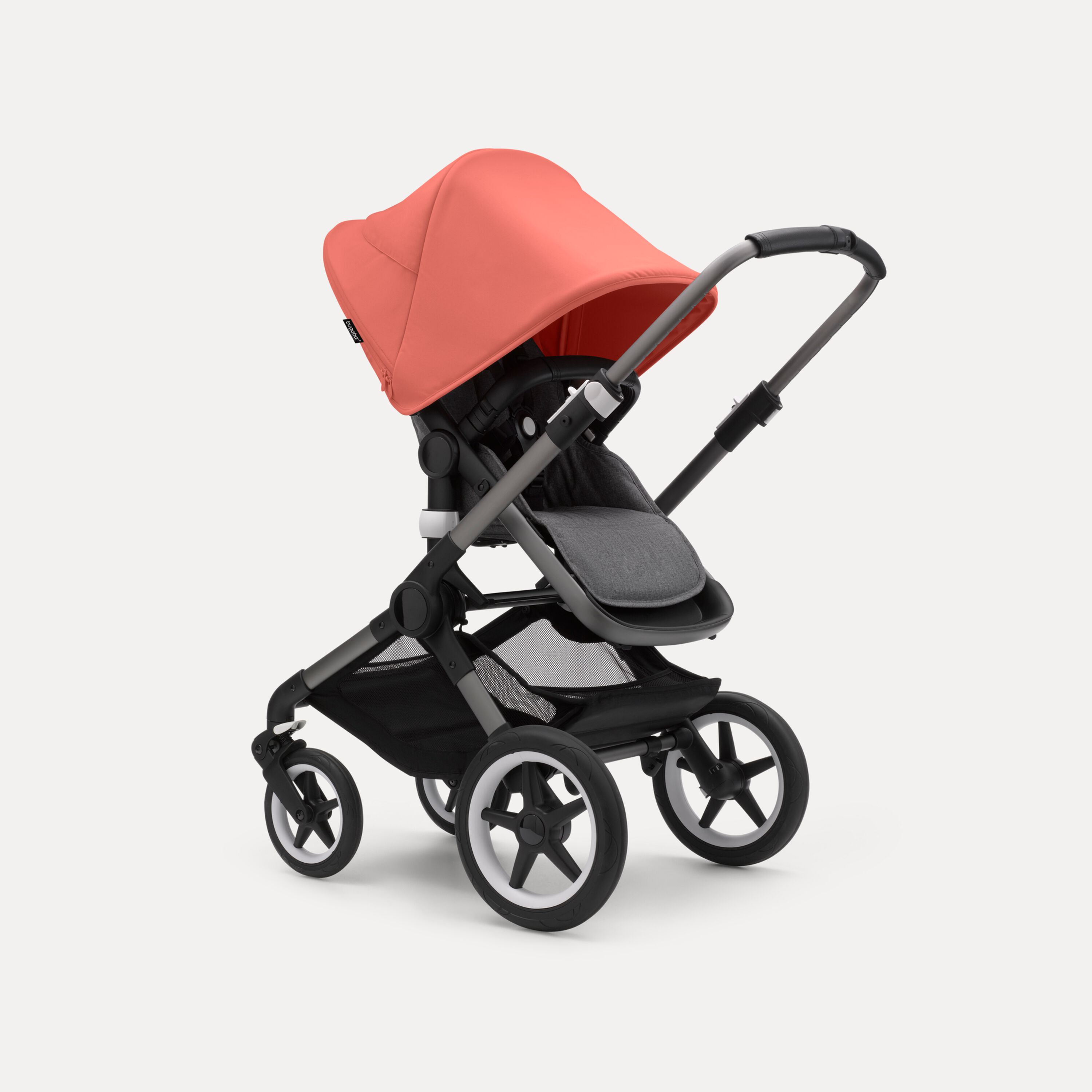Bugaboo Fox 3 seat stroller with graphite frame, grey fabrics, and red sun canopy. - Main Modal Image Slide 7 of 7