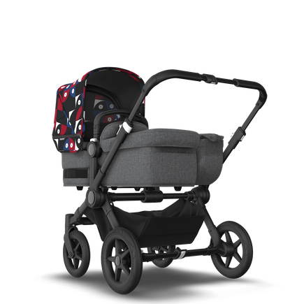 Bugaboo Donkey 5 Mono bassinet and seat stroller black base, grey mélange fabrics, animal explorer red/ blue sun canopy