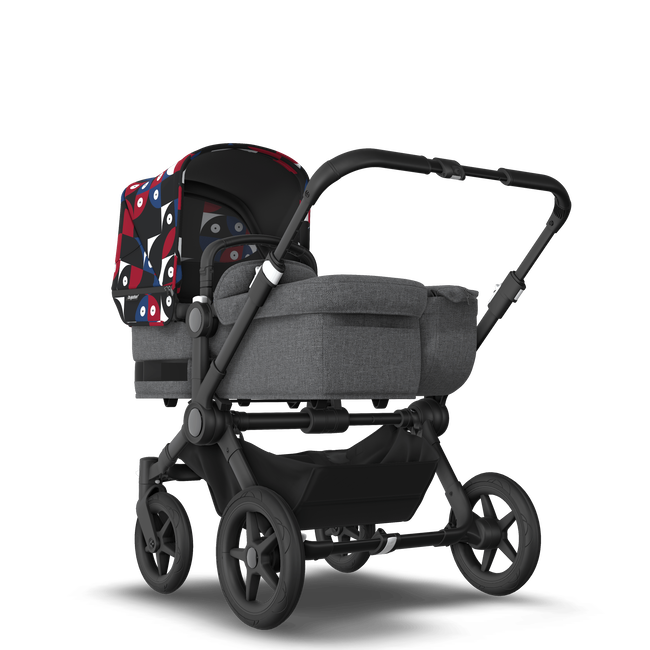 Bugaboo Donkey 5 Mono bassinet and seat stroller black base, grey mélange fabrics, animal explorer red/ blue sun canopy